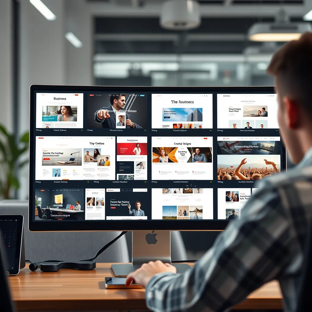 An array of beautifully designed website templates displayed on a computer screen. The scene includes various categories like business, portfolio, and blog, with a graphic designer selecting and customizing a theme, set in a modern office environment.