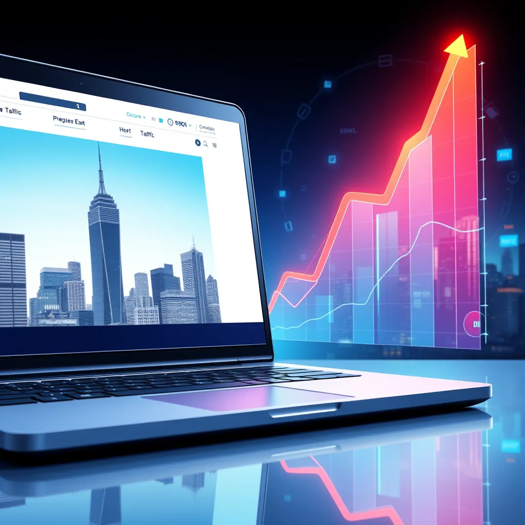 An artistic digital illustration showing a laptop with a website open on one side and a vibrant graph indicating rising website traffic on the other. The background depicts a city skyline with digital elements representing online marketing and SEO growth.