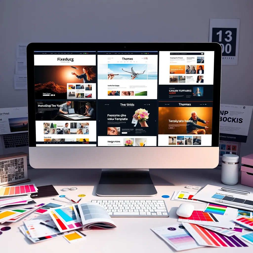 An artistic representation of multiple website templates displayed on a computer screen. Each template showcases different themes and colors. Surround the computer with design tools like color swatches and typography examples, emphasizing customization.