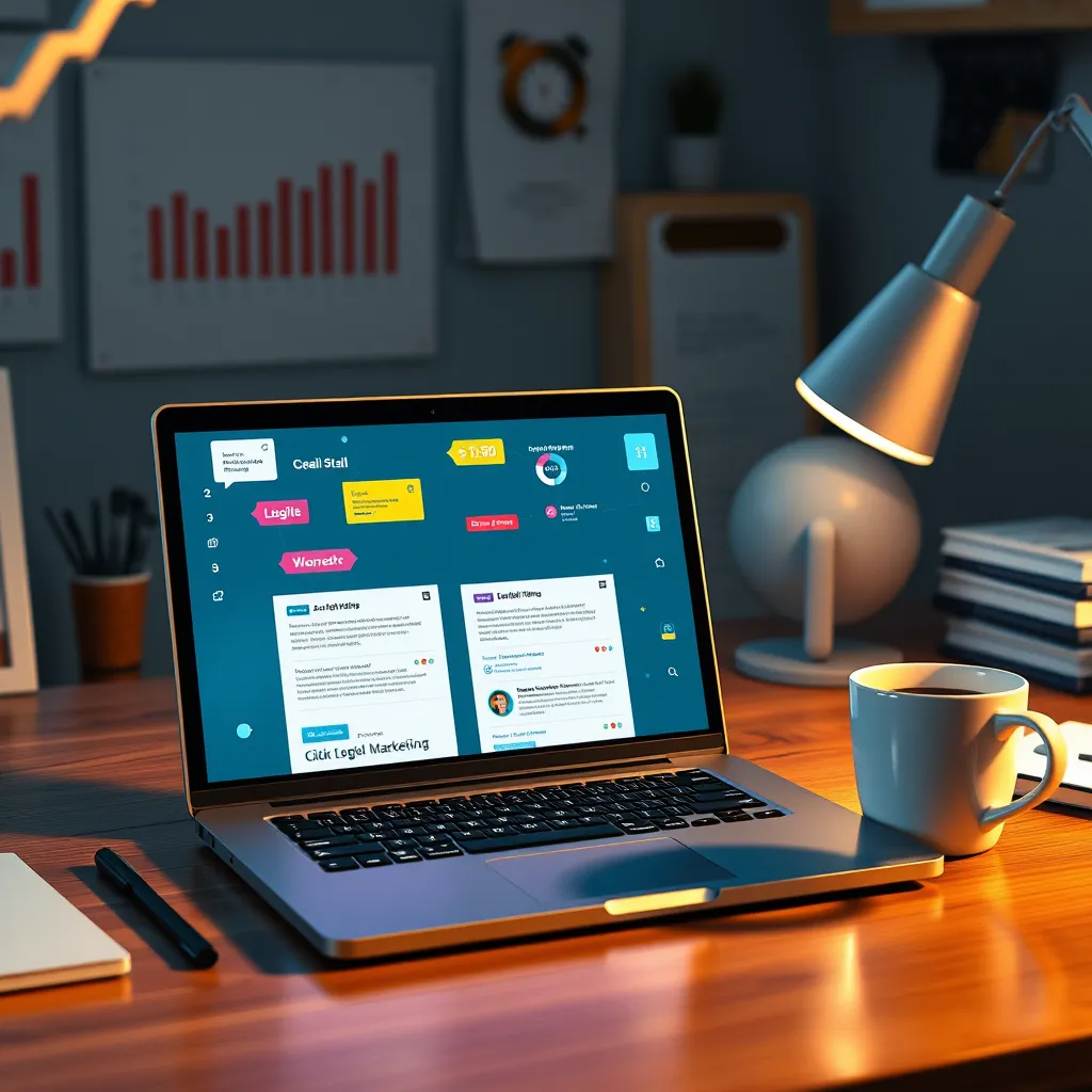 An artistic representation of a digital marketing workspace, showcasing an open laptop with email templates displayed on the screen. Include elements like colorful email notifications, charts indicating click rates, and a coffee cup to symbolize efficiency and productivity.