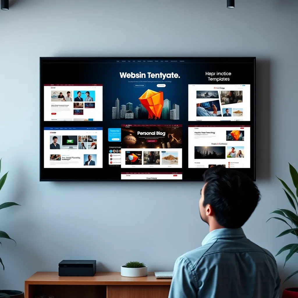 An enticing image displaying a variety of website templates on a wall-mounted digital screen. Each template should have distinct designs for different themes such as business, personal blog, e-commerce, and portfolio, with a person contemplating choices in amazement, surrounded by a stylish office ambiance.
