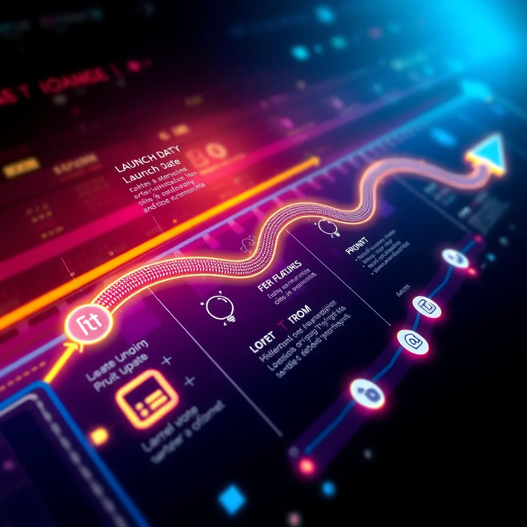 An illustration of a digital roadmap chart showing various stages of updates past the launch date, with arrows indicating progress. Include symbols or icons for new features, enhancements, and user feedback loops, presented in a vibrant technology-themed visualization.