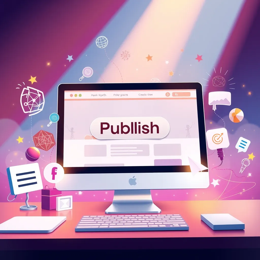 An illustrative representation of a 'Publish' button being clicked on a computer screen, with a website seamlessly transitioning from a design interface to a live site. Surrounding are icons symbolizing hosting, connectivity, and instant growth, with a vibrant, celebratory background.