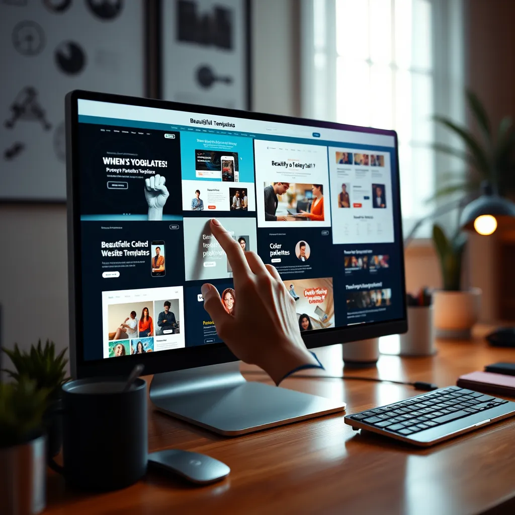 An image showcasing a selection of beautifully designed website templates on a computer screen. Display a hand interacting with the screen, highlighting customization features like color palettes and layout adjustments in an ambient workspace.