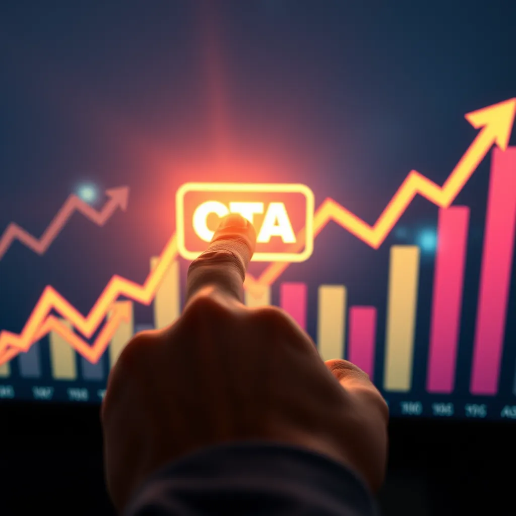 An upward view of a hand clicking on a bright, bold CTA button on a digital device screen, with energetic arrows and graphs in the background representing growth and engagement. The scene conveys urgency and excitement.