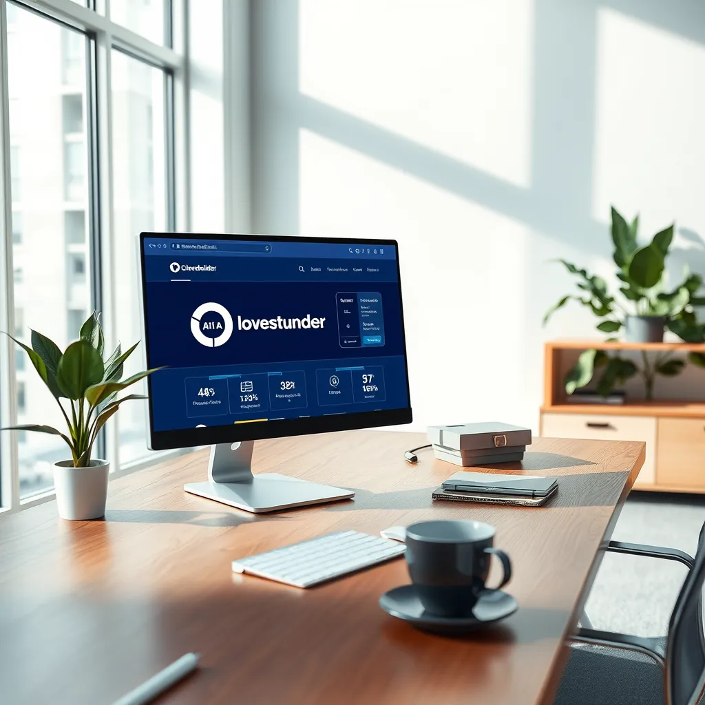 Create a photorealistic image showcasing a modern workspace highlighting a computer screen displaying the CleverSitebuilder AI interface. The scene should be set in a bright, airy office with soft diffused lighting coming through large windows, casting gentle shadows. The color palette should consist of soft blues and whites to evoke a calm, professional mood. The camera angle should be set at a slight overhead perspective, capturing both the screen and the workspace. Include textures of polished wood for the desk and sleek metal accents on office furniture. Environmental elements like a potted plant and a coffee mug add warmth. Style reference is in the manner of a contemporary lifestyle photography. The final image should be ultra-detailed, rendered in 8K resolution.