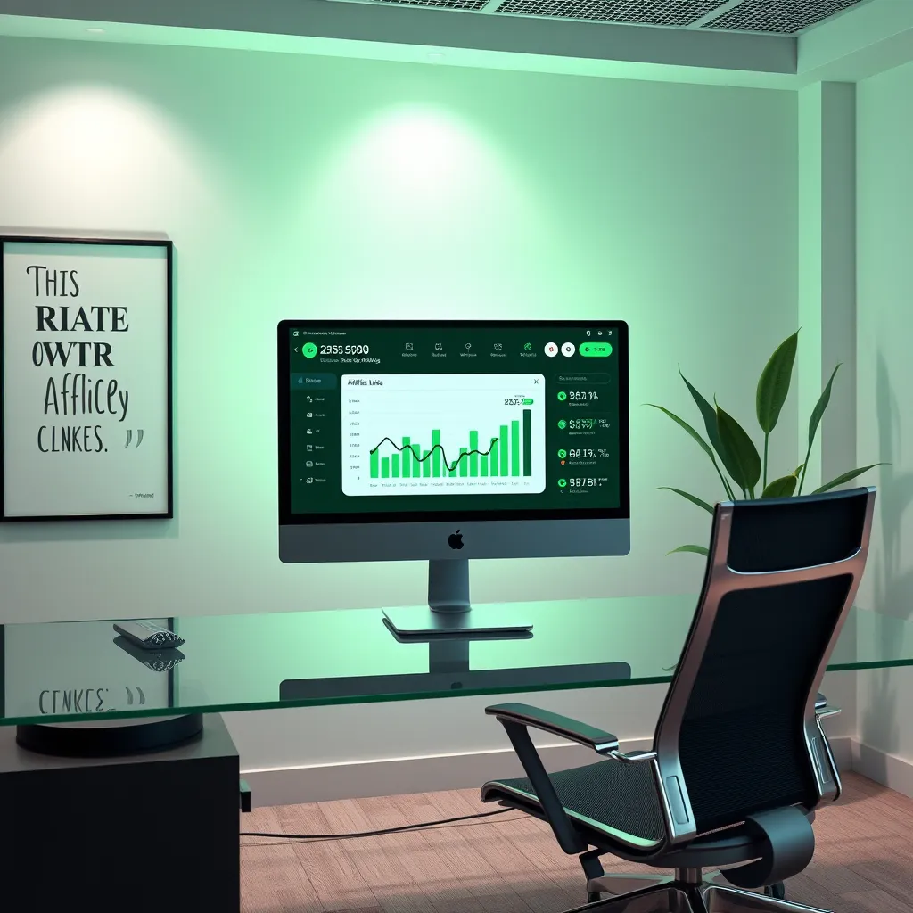 Create an ultra-detailed image showcasing a sleek dashboard window on a computer screen displaying affiliate links analytics. The scene should be set in a professional office environment with soft diffused lighting that creates a balanced glow throughout the space. A color palette of greens and grays should dominate the image, suggesting growth and efficiency. The camera angle should be center-focused on the screen, with a slight angle to include the stylish desk below. Incorporate textures of modern materials like glass and steel for a chic look. Environmental elements may include an inspiring quote poster on the wall, a high-end ergonomic chair, and a slender plant in the corner to promote a productive atmosphere. The final image should be hyperrealistic, rendered in ultra-high definition 8K.