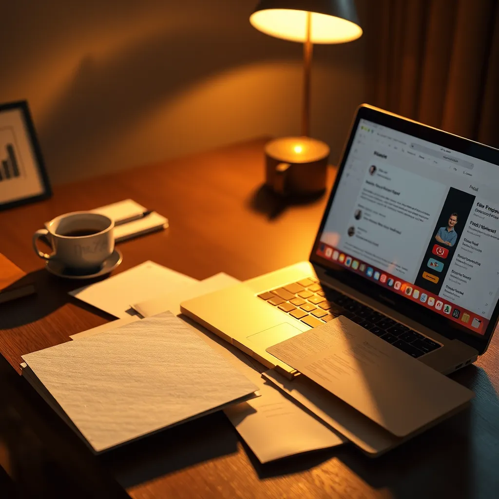 Generate an ultra-high quality visual featuring an assortment of neatly arranged email swipes on a desk, with open laptop showing email composition tools. The setting should have dramatic side lighting that highlights the papers and laptop, casting interesting shadows. Use a warm, inviting color palette with shades of gold and brown to create an engaging and dynamic mood. The perspective should be slightly top-down, emphasizing the layout of the email swipes alongside the laptop. Textures should include fine paper quality and sleek metal for the laptop. Add details of a branded coffee cup, a notepad with a pen, and a stylish lamp in the background to enhance the environment. The image should be designed in hyperrealistic style, aiming for 8K resolution.