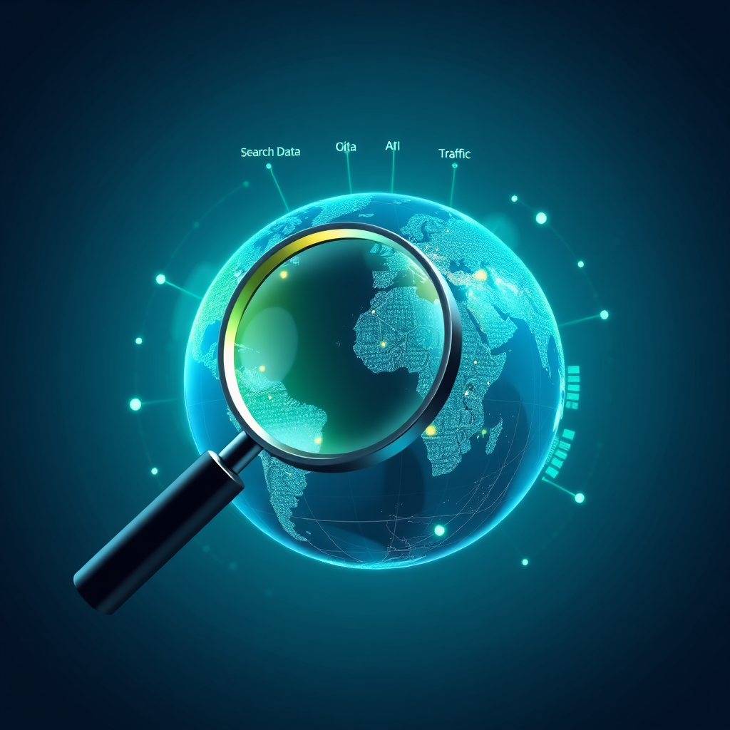 Create a futuristic image of a magnifying glass hovering over a globe, with data streams highlighting areas of high search traffic. The color palette should be blues and greens, with glowing accents to represent AI. The image should convey intelligence and global reach.