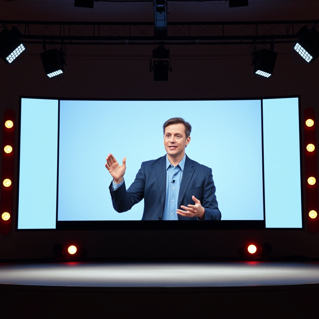 Create an image of a confident and engaging video spokesperson delivering a compelling message on a virtual stage. The lighting should be professional and flattering, highlighting the spokesperson's charisma. The background should be clean and modern.