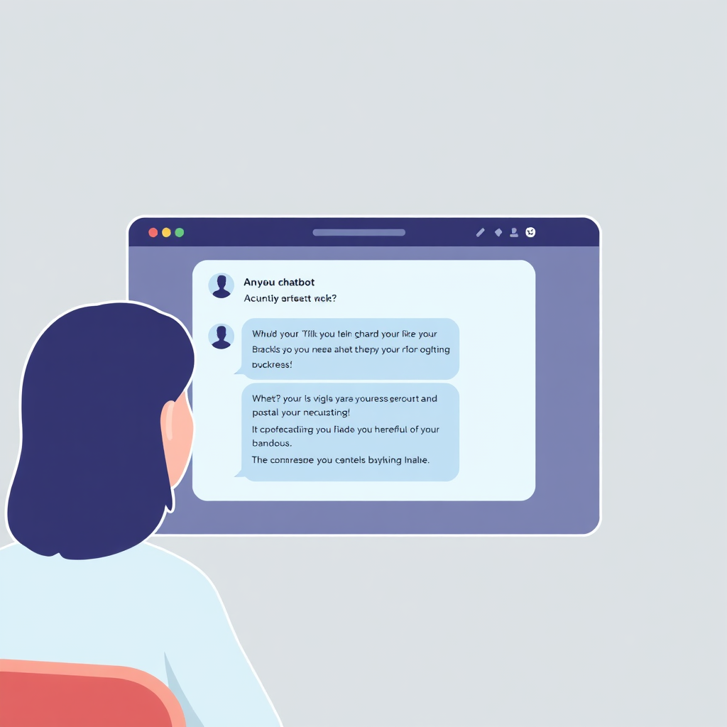 Create an image of a friendly chatbot interacting with a customer on a website. The chatbot window should display helpful information and suggestions, with a welcoming and approachable design. The color palette should be calming and trustworthy.