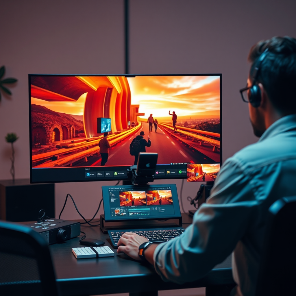 Create an image of a professional video editor working on a dynamic video project. The screen should display a captivating video scene with vibrant colors and engaging visuals. The environment should be a modern and creative workspace. The image should convey creativity and professionalism.