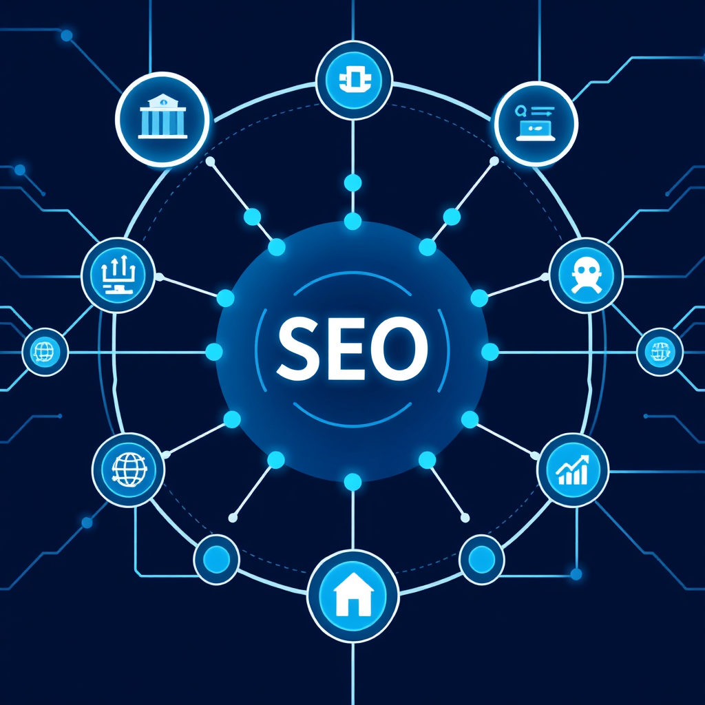Create an image of an AI-powered system analyzing website data and generating SEO recommendations. Use visual cues to represent the automation process, such as interconnected nodes and data streams. The color palette should be technical and precise.