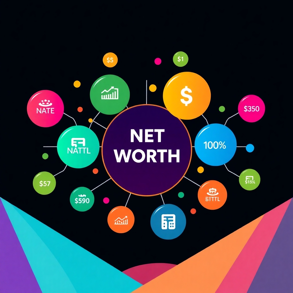A graphic design illustrating the flow of money into and out of various financial accounts, with data points represented by colorful bubbles, connecting to a central visualization of net worth. Use a futuristic, geometric style to represent data analytics and financial health.