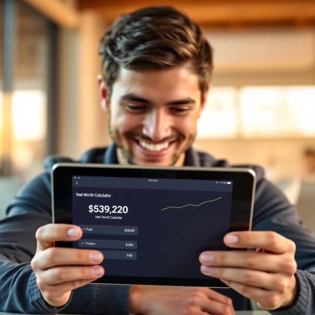 A photorealistic image of a person smiling and looking at a tablet displaying the Pepol net worth calculator, showing a steadily increasing net worth. Focus on the positive expression on the person's face. Use bright, warm lighting, suggesting positive emotions and financial success.