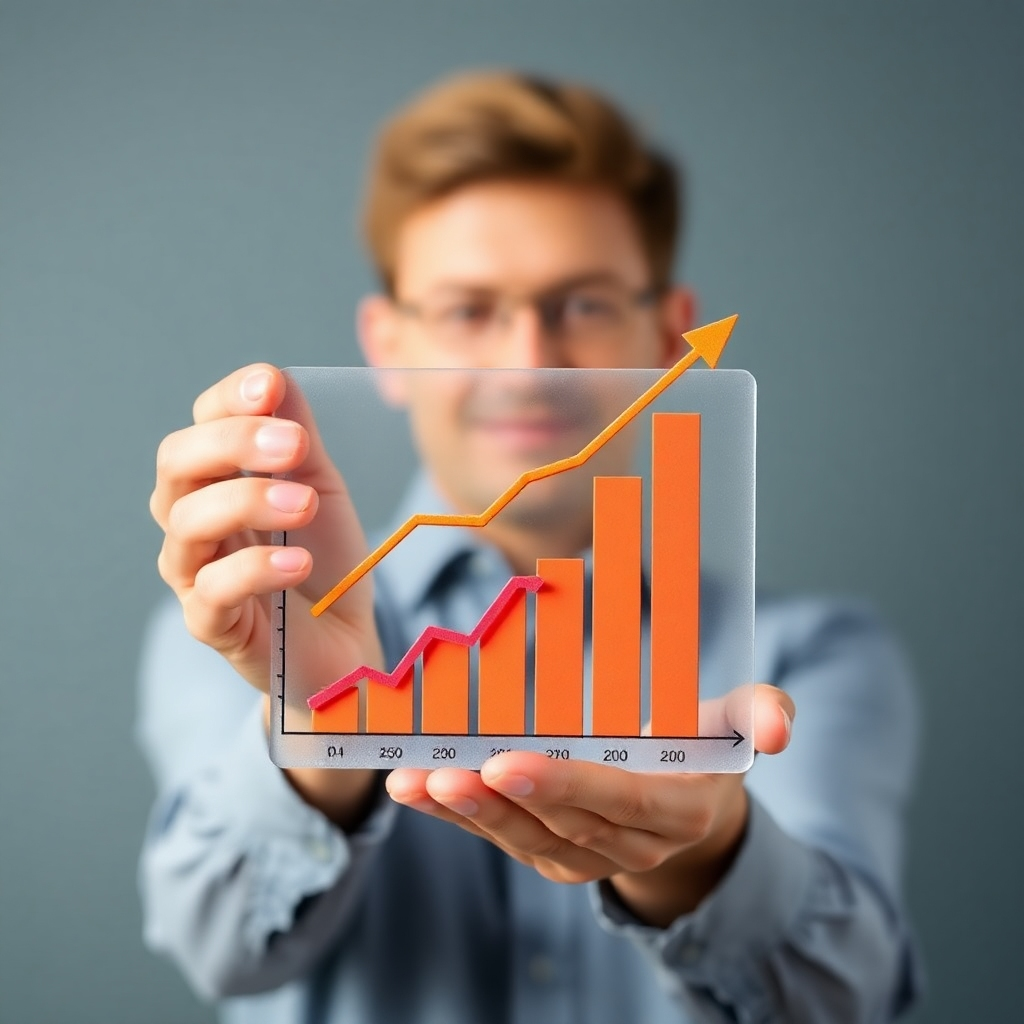 A photorealistic image of a person holding a graph showing a significant upward trend in their net worth over time. Use a style and tone that promotes financial growth and prosperity.