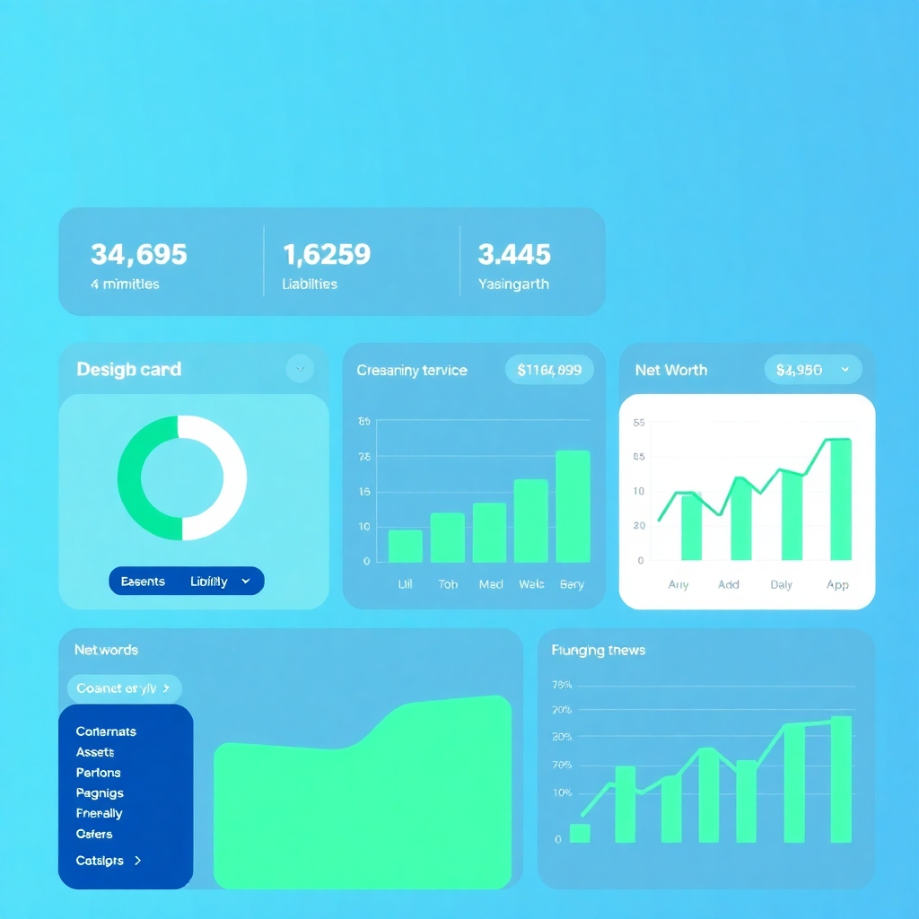 A stylized image of a clean, modern dashboard showing key financial metrics, such as assets, liabilities, and net worth, displayed with engaging charts and graphs. Use a color palette of blues and greens to convey calmness and stability. The style should be minimalist and easy to understand, referencing modern fintech app designs.