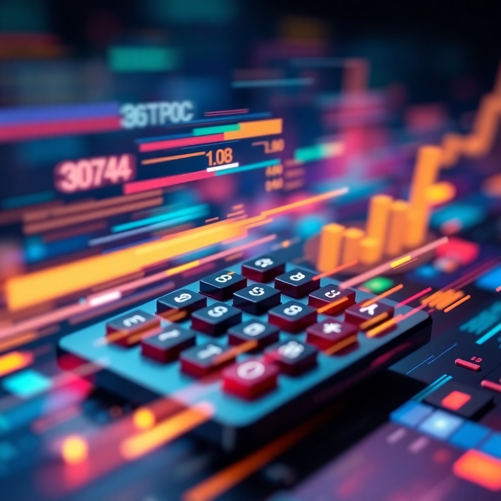 An abstract visual representation of accurate calculations in motion.  Use colors to convey data accuracy and security, with a technological, abstract style to convey the precision of the calculator's algorithm.