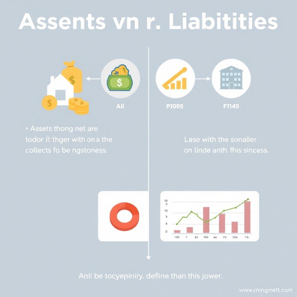 An infographic clearly explaining the concepts of assets and liabilities, using visuals like icons and charts, showing how one influences the other to define your net worth.