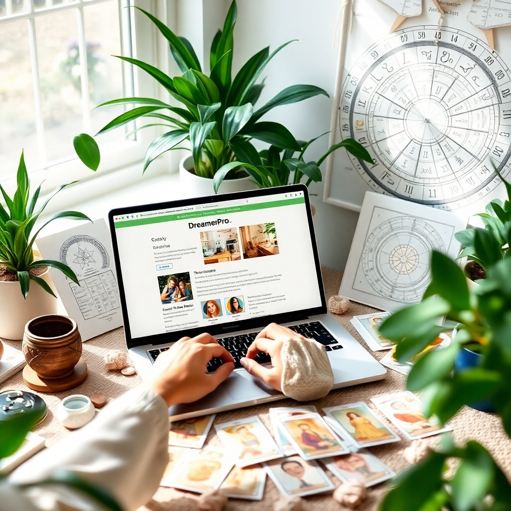 A beautifully arranged image showing a user interacting with the DreamerPro web app on a laptop while surrounded by tarot cards and astrological charts. The environment is bright and airy, filled with houseplants and soft shadows, inviting exploration and comfort. The color palette consists of calm greens and earthy tones, emphasizing a sense of grounding while exploring spiritual themes.