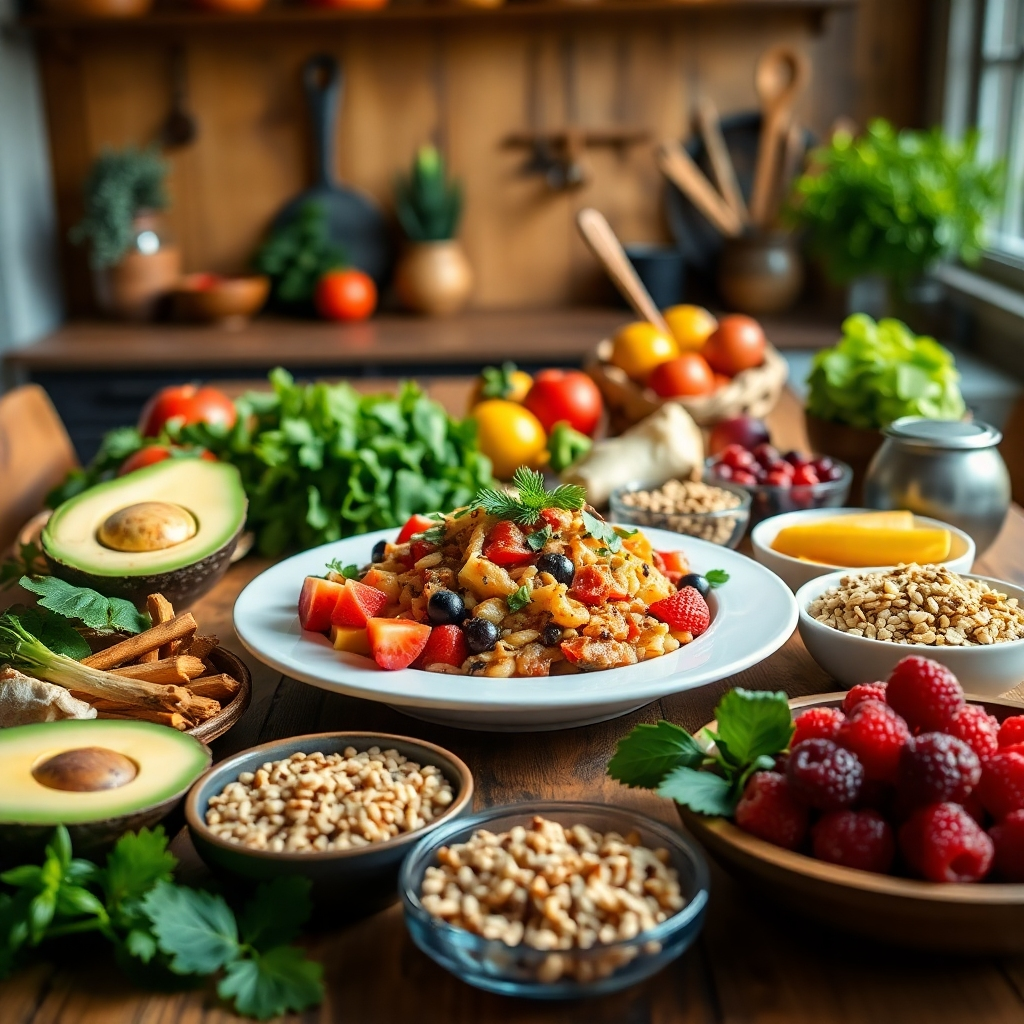 A beautifully arranged wooden table featuring an array of colorful, fresh foods including fruits, vegetables, whole grains, and proteins, showcasing a personalized meal plan. The scene is illuminated with soft diffused lighting for a warm ambiance. The color palette includes vibrant greens, reds, and yellows, creating an inviting mood. A close-up perspective focuses on a beautifully plated dish at the center, surrounded by smaller bowls of ingredients. Textures such as the smoothness of avocado, the roughness of whole grains, and the glossy finish of fresh berries contrast beautifully. In the background, there are rustic kitchen tools and a softly blurred window to indicate a bright day. The image should have hyperrealistic details depicting the freshness of the ingredients, shot in 8K resolution. Style references involve the works of food photographers like Julie Blanner.