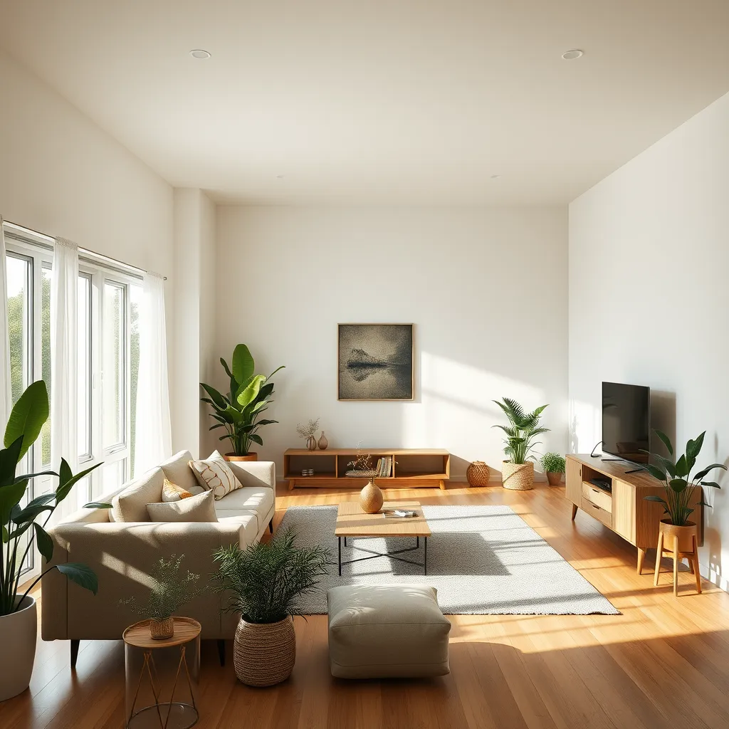 A beautifully organized living room showcasing minimalistic design, with soft natural lighting streaming through large windows, minimal furniture, and plants adorning the space. Highlight a clean, open area that conveys tranquility and clarity.