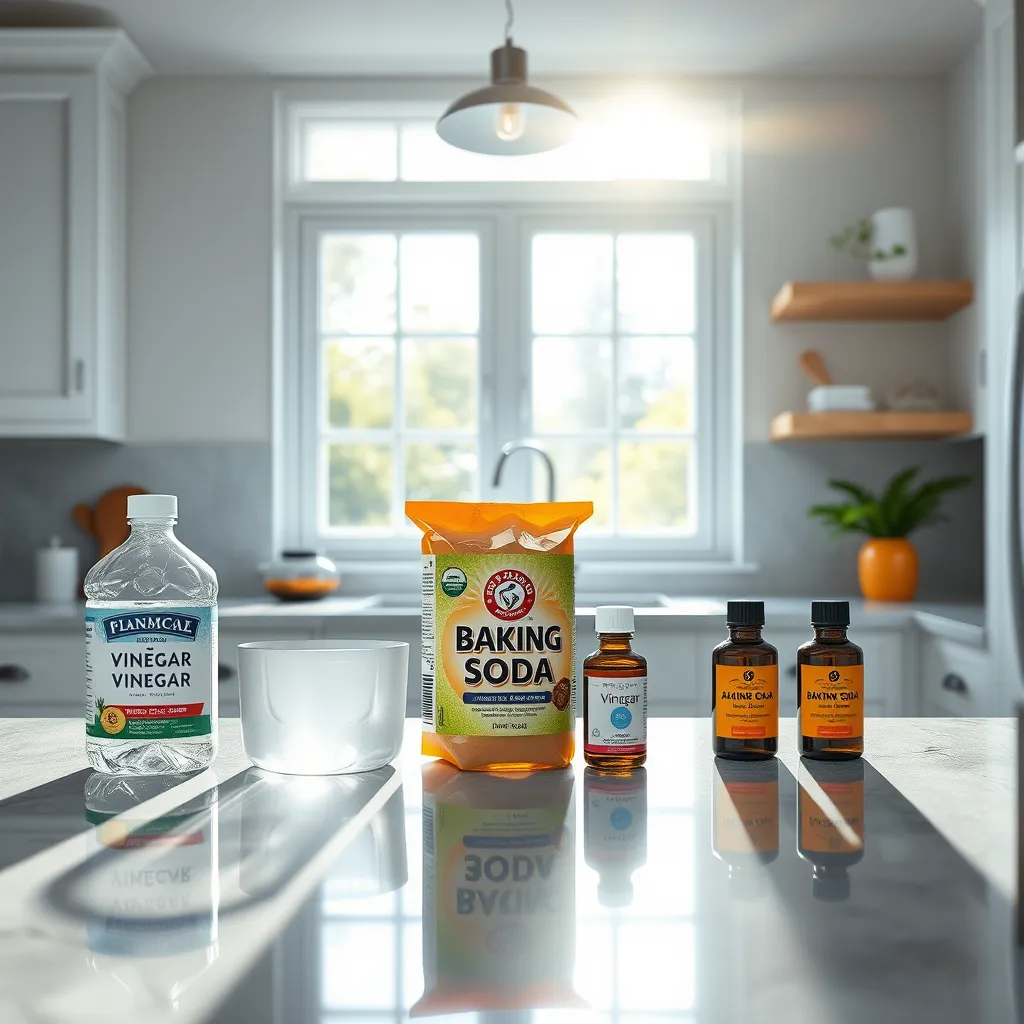 A bright, modern kitchen with natural cleaning supplies like vinegar, baking soda, and essential oils placed on the countertop. Sunlight filtering through the windows illuminates the sparkling clean surfaces, showcasing a healthy and inviting home atmosphere.