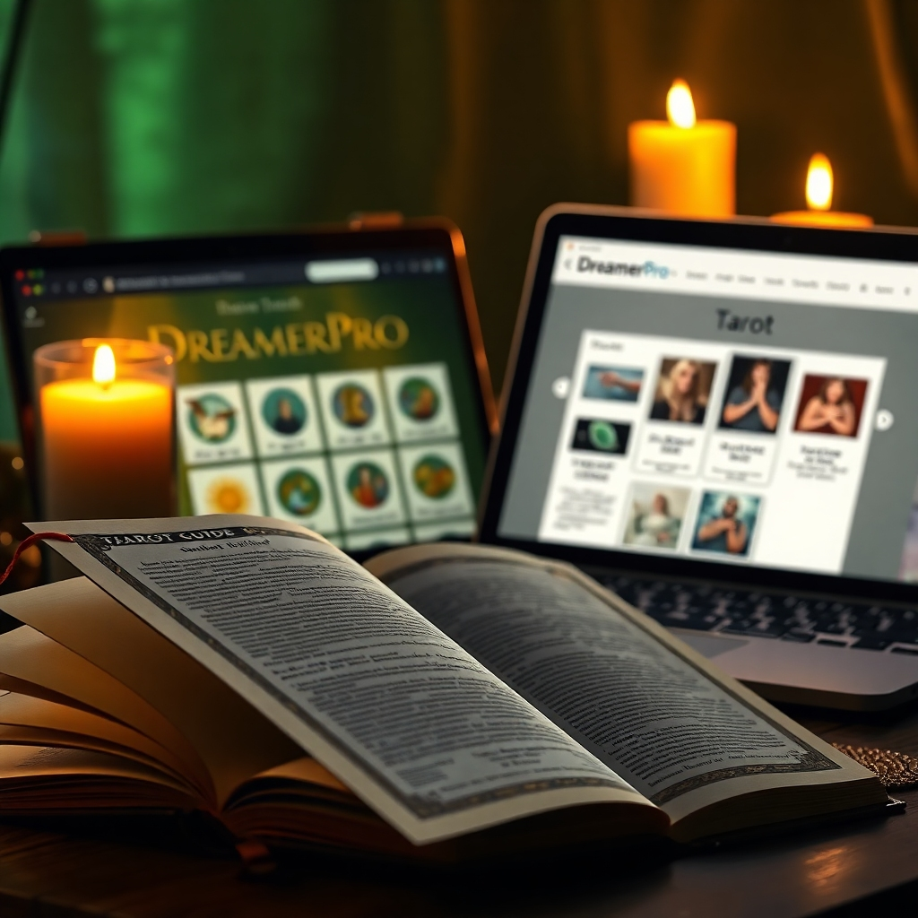 A captivating image depicting an open tarot guidebook next to a shimmering laptop displaying the DreamerPro web app interface, set against a backdrop of soft candlelight. Rich gold and deep green colors create a cozy yet mysterious ambiance. The book's pages flutter gently, suggesting the act of discovery and exploration. The overall composition holds a sense of warmth and invitation, rendered in high detail.