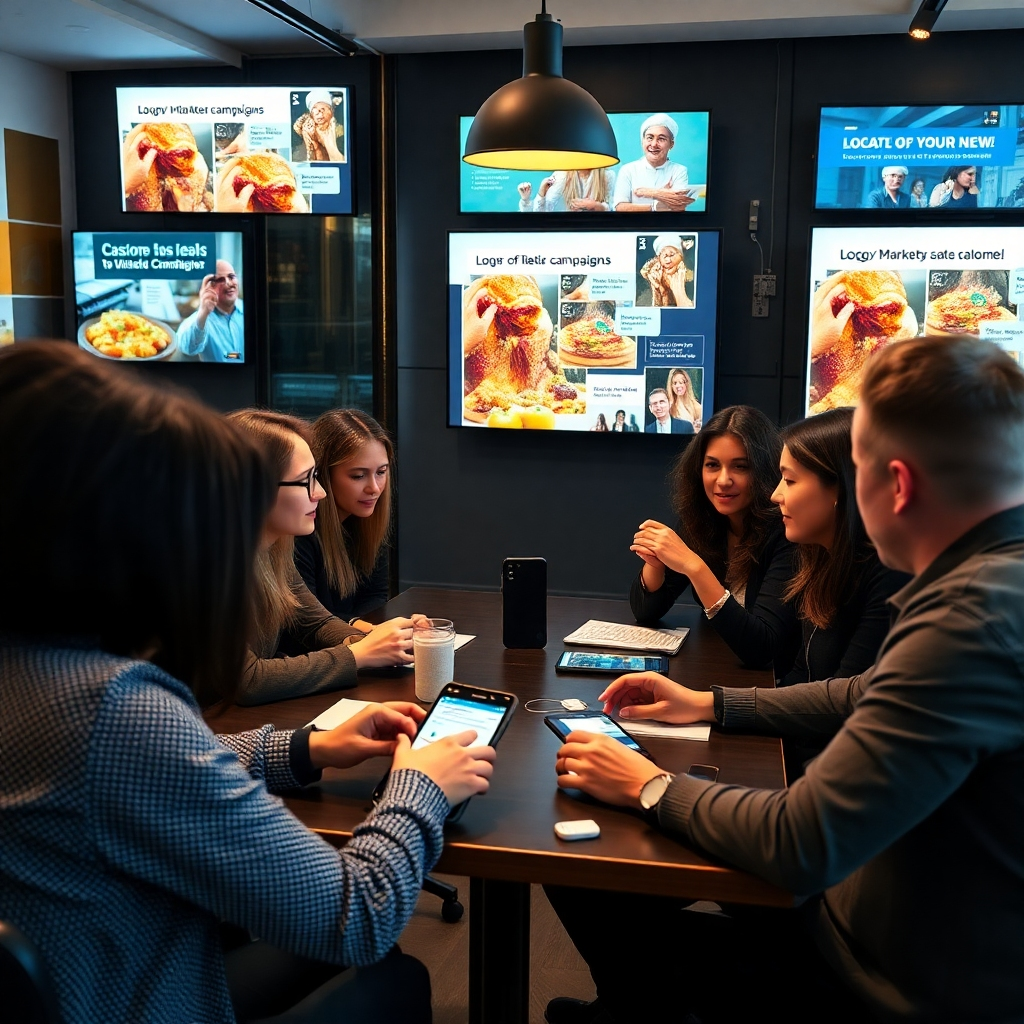 A captivating image of a marketing meeting in action with a group of food business owners brainstorming promotional ideas while using Onexxa’s app. The setting features modern decor with visuals of successful campaigns displayed on digital screens. The lighting should be professional yet inviting, reflecting a collaborative spirit. Focus on the expressions of ideas and insights shared among the team, emphasizing creativity. The image should be high-quality and in 4K resolution.