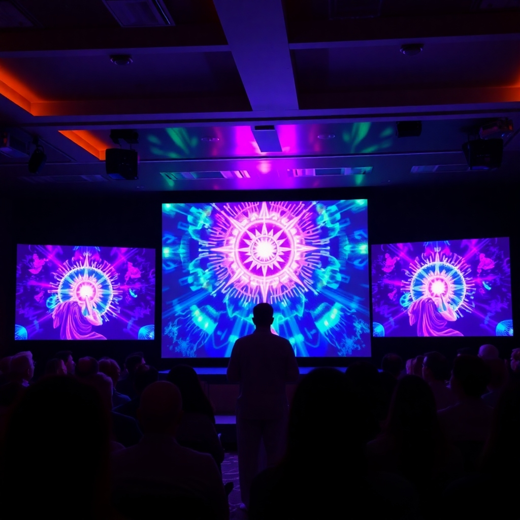 A captivating image showcasing a spiritual teacher presenting to a group while visualizations created by SpiritPro are projected in the background, demonstrating engaging spiritual practice. The atmosphere is alive with creativity, highlighted by glowing colors and enriched with a collaborative ambiance among attendees.