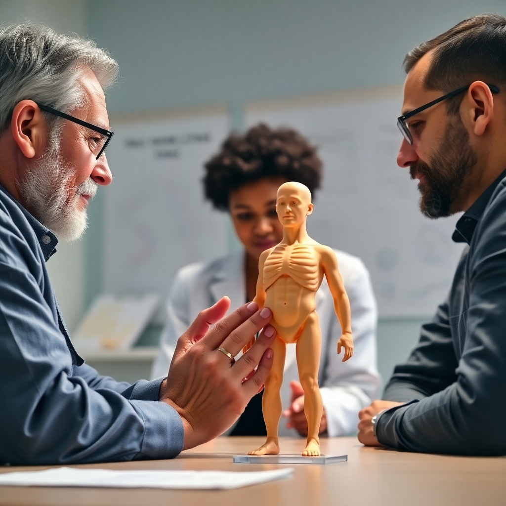 A captivating image showing a close-up of a professional analyzing a model of the human body while consulting a client. The setting is innovative and educational, with charts and diagrams in the background. Bright, focused lighting emphasizes the interaction, while the calming color scheme creates a soothing environment. The camera angle highlights both the model and the engaged expressions of the professional. The image should be realistic and clear, in high resolution.