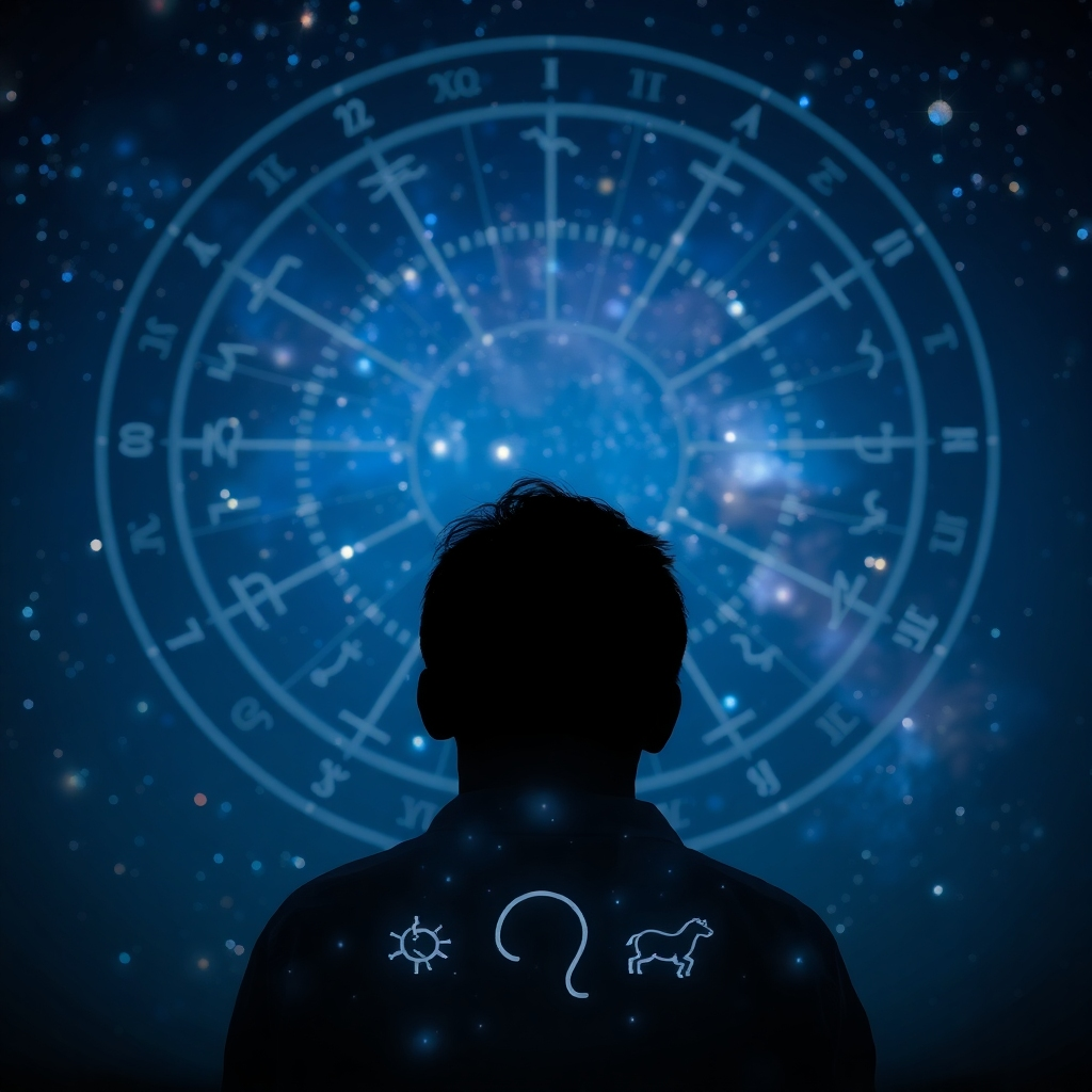 A celestial-themed image showing a person gazing up at the night sky under a sprawling astrological chart. The backdrop is illuminated with vibrant constellations, while a faint outline of zodiac symbols glows in the foreground. The blend of dark blues and shimmering whites creates a dreamlike quality. A high-contrast visual that emphasizes connection with the universe, created in a photorealistic style.