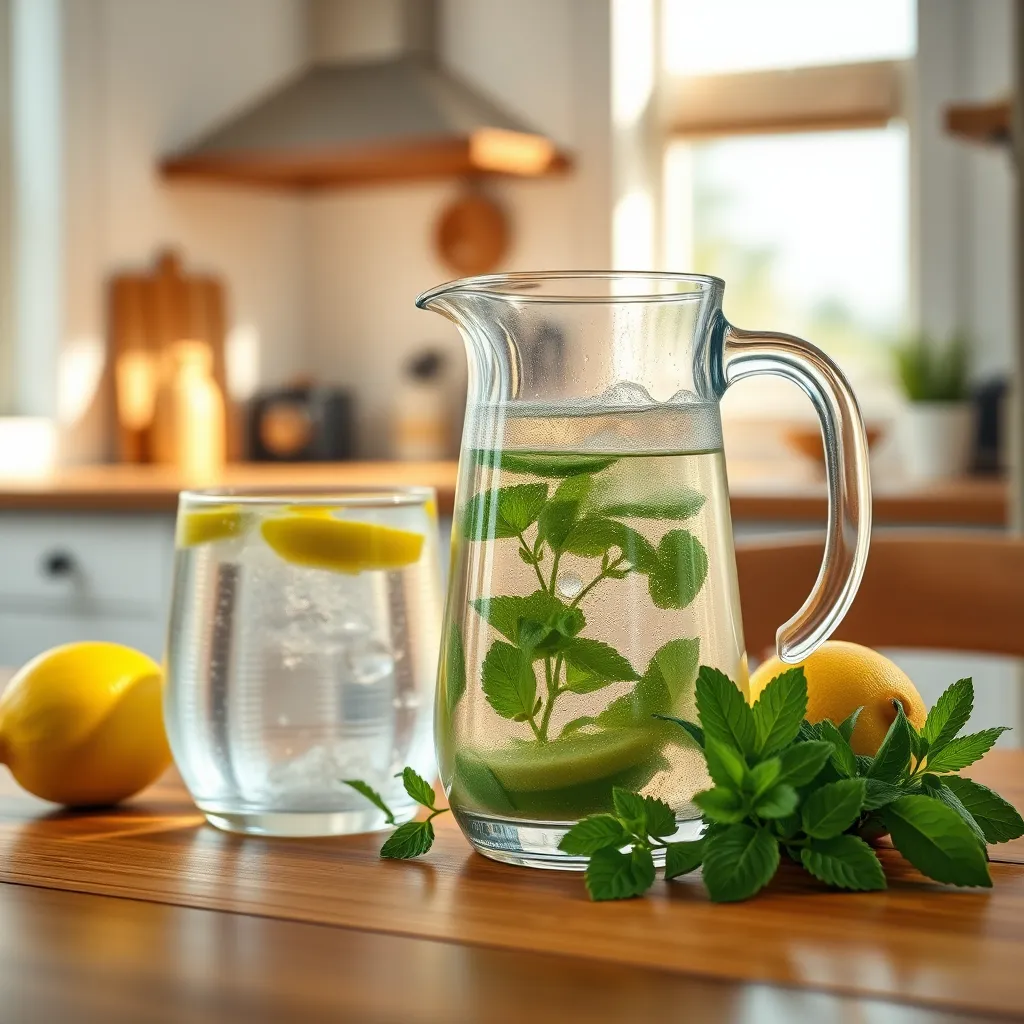 A close-up of a glass pitcher of filtered water on a wooden kitchen table, with fresh fruits and herbs like lemon and mint alongside it. The background shows a sunny, peaceful kitchen setting, emphasizing freshness and health.