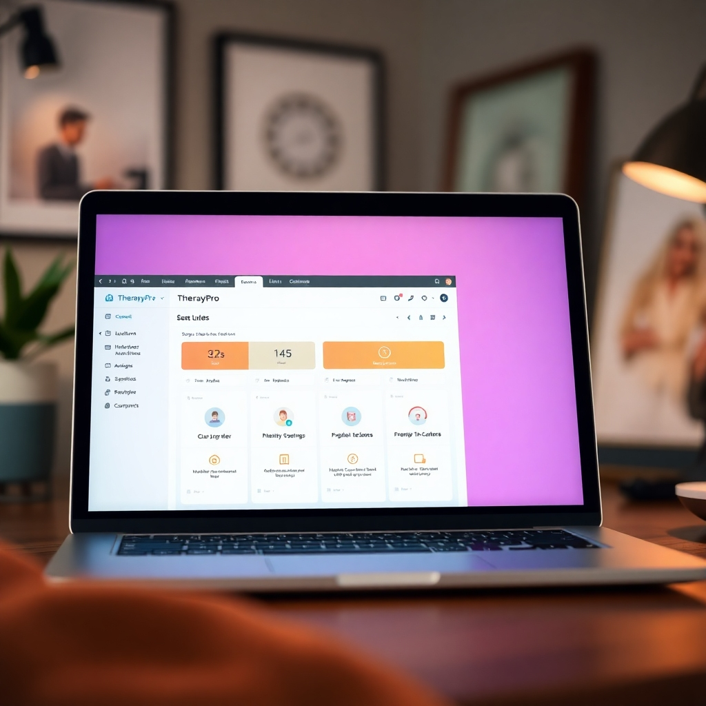 A close-up view of a laptop screen displaying the user-friendly interface of TherapyPro. The ambient light enhances the clarity of the application. Background elements are blurred to focus on the screen, while professional decor elements signify a thoughtful workspace. Utilize warm colors to invoke comfort, showcasing how easy it is to navigate the software.