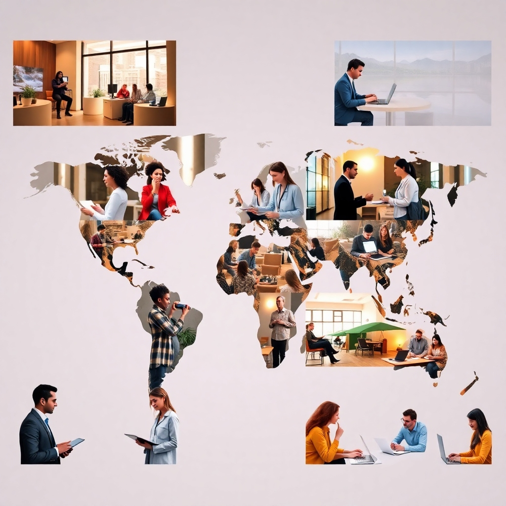 A collage-style image showing professionals at work in various global settings, ranging from urban therapy offices to rural community centers. Each setting reflects diverse cultures and practices. The background is comprised of a world map, subtly linking the professionals together. Warm light illuminates each scene, showcasing the vibrancy of their work while retaining a cohesive feel. The overall color effect should be harmonious, promoting a sense of unity among different cultures. The image should maintain high quality to highlight diverse landscapes.