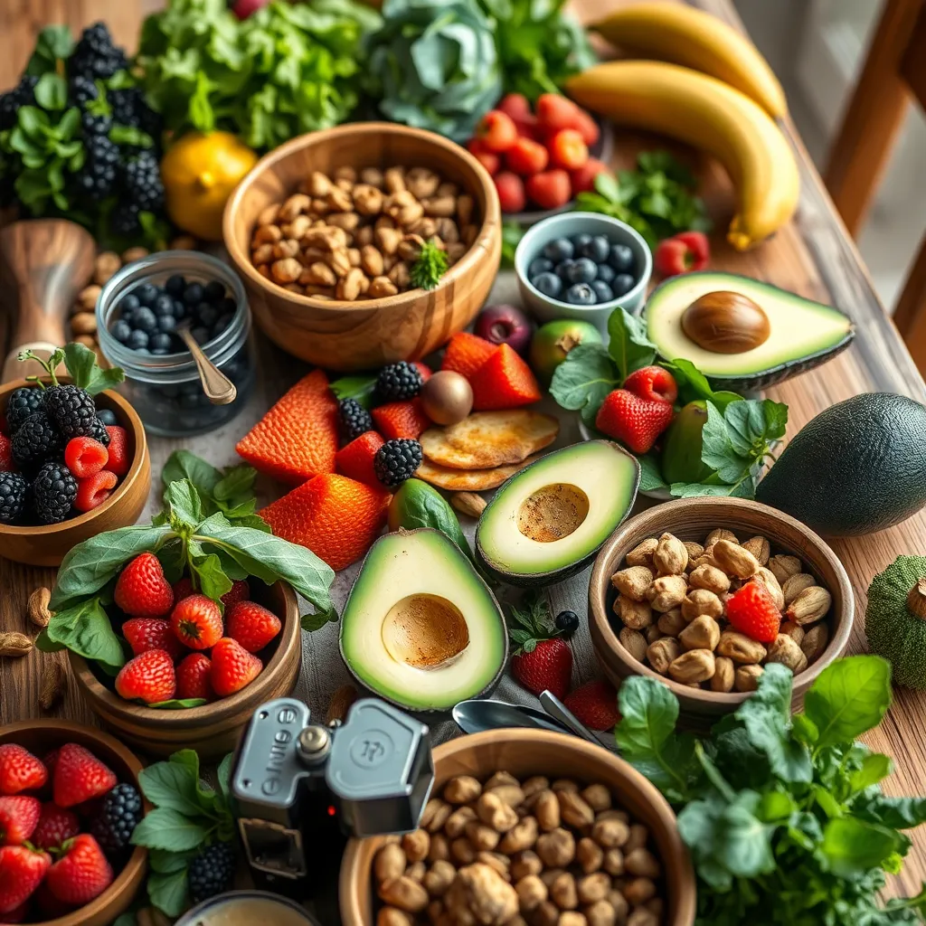 A colorful, vibrant table spread with a variety of fresh fruits and vegetables, including berries, leafy greens, and avocados. A wooden bowl filled with nuts is also included, creating an inviting and healthy dining environment perfect for a detox diet.