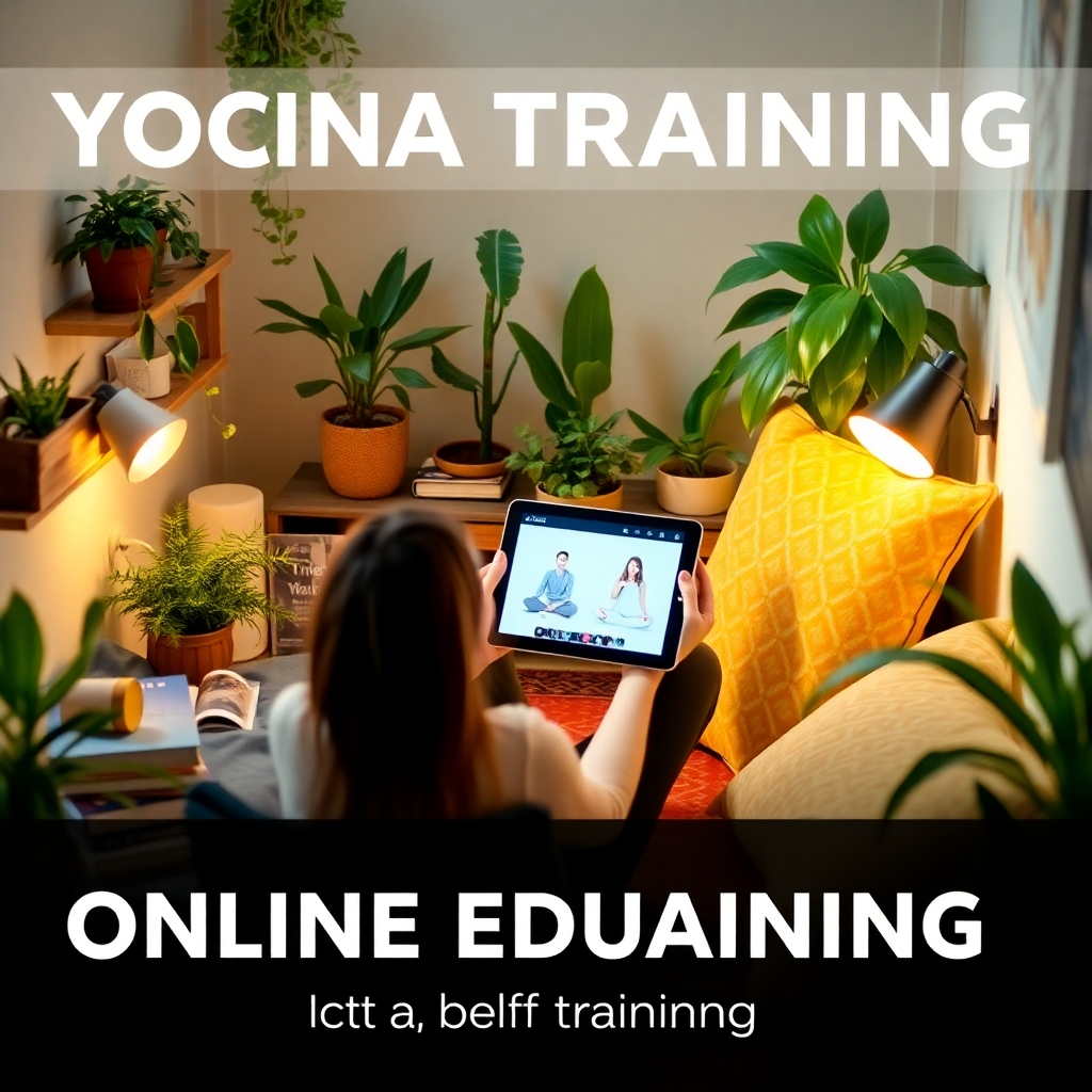 A comforting image of a person studying yoga on a tablet while sitting in a cozy nook filled with plants and cushions. The scene emphasizes a personalized study environment, with books and yoga props strategically placed around. The soft, warm light creates an inviting atmosphere, and the camera captures vibrant colors of textiles and greenery that symbolize comfort and individualized learning. This image reflects the flexible approach of online education in yoga training.