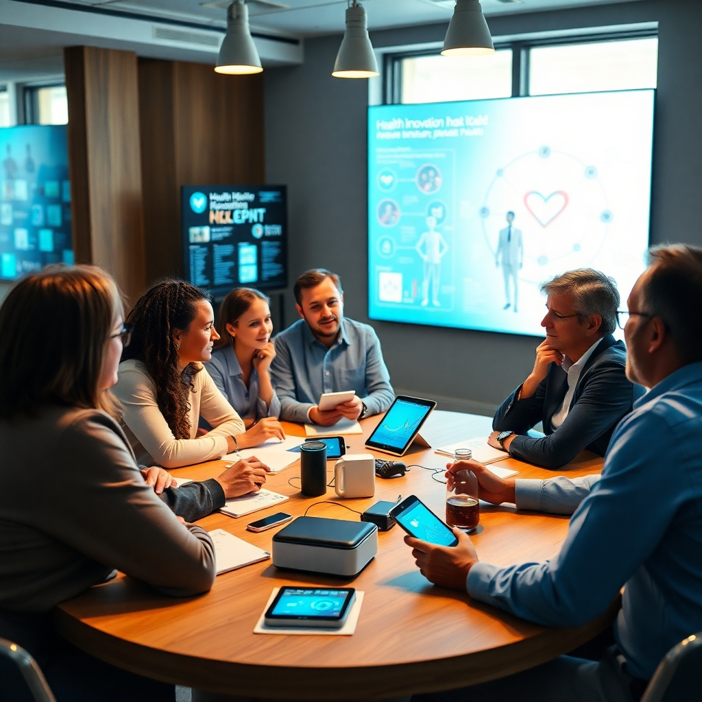 A compelling image featuring a group of experts in a roundtable discussion, surrounded by health tech devices. The setting has an inviting ambiance, with thoughtful expressions and interactions among participants. Natural lighting enhances the warmth of the scene. The backdrop displays health innovation visuals, fostering an inspiring dialogue about the future of healthcare. Detailed facial expressions and multiple perspectives should bring life to the discussion.