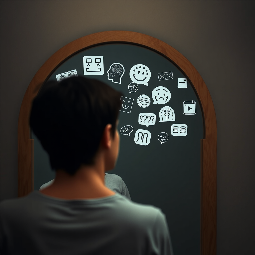  A compelling image of a person standing in front of a mirror, looking introspective. The mirror reflects a series of abstract graphics representing various emotional triggers. The ambient lighting is soft and focuses on the person's face, accentuating thoughtfulness and self-discovery. The background is muted to keep the focus on the subject and their internal journey. Textures should evoke a sense of depth and reflection, resonating with the theme of emotional regulation.