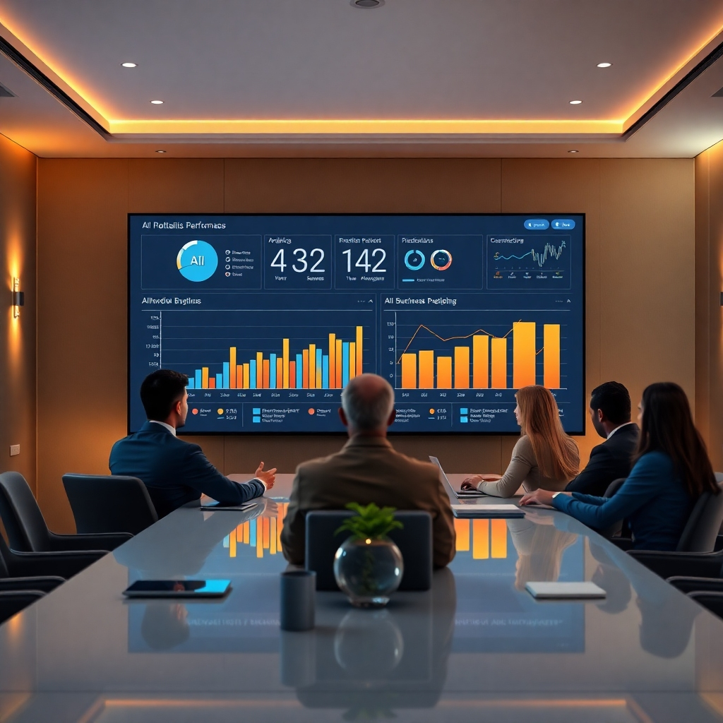 A compelling visual featuring an AI dashboard revealing analytics and predictions for business performance. The setting is an elegant meeting room with a team engaged in discussion, illuminated by warm, inviting lighting that promotes focus and collaboration.