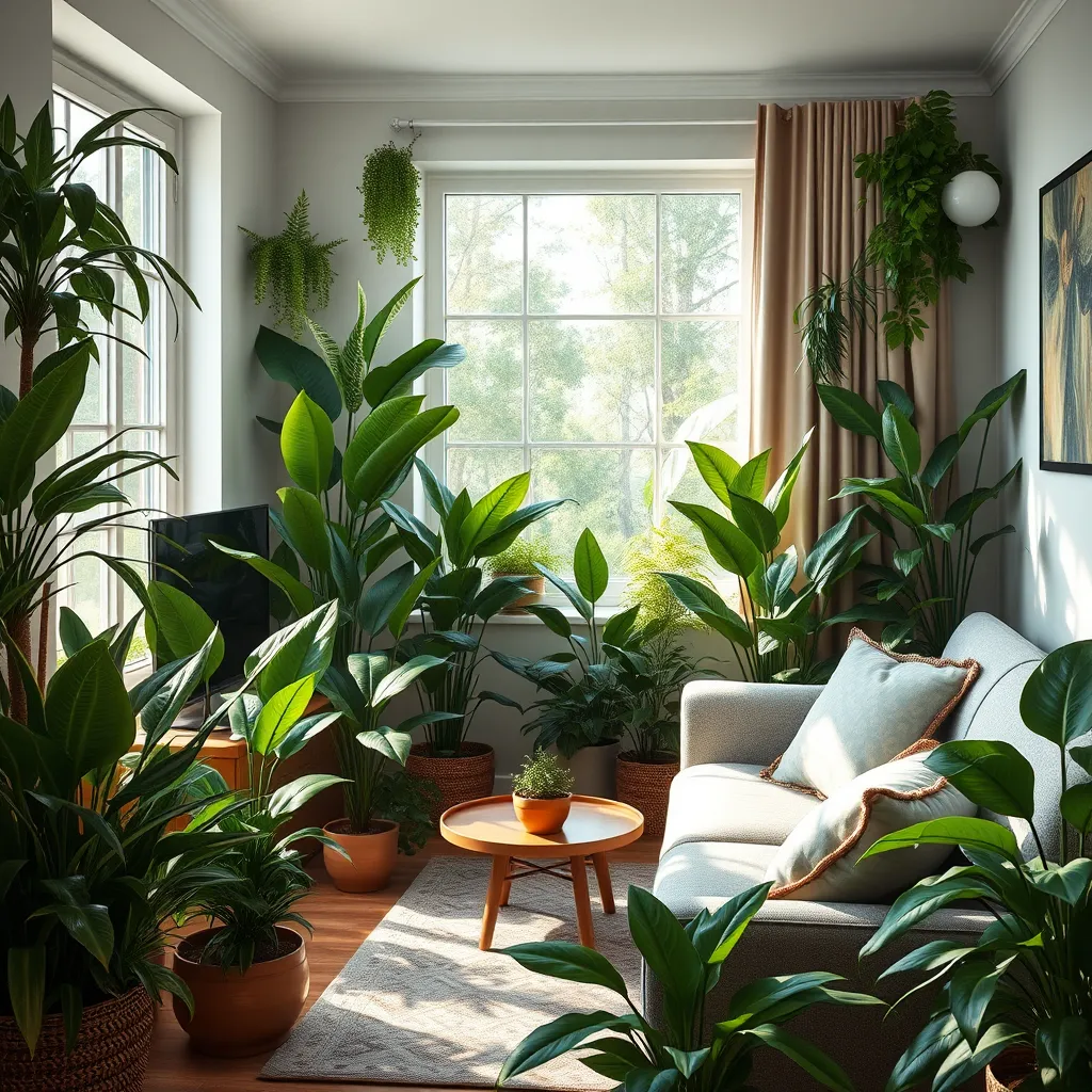 A cozy living room filled with vibrant indoor plants including snake plants and peace lilies. A comfortable sofa sits nearby, with a large window letting in natural light, creating a serene environment enriched by greenery.