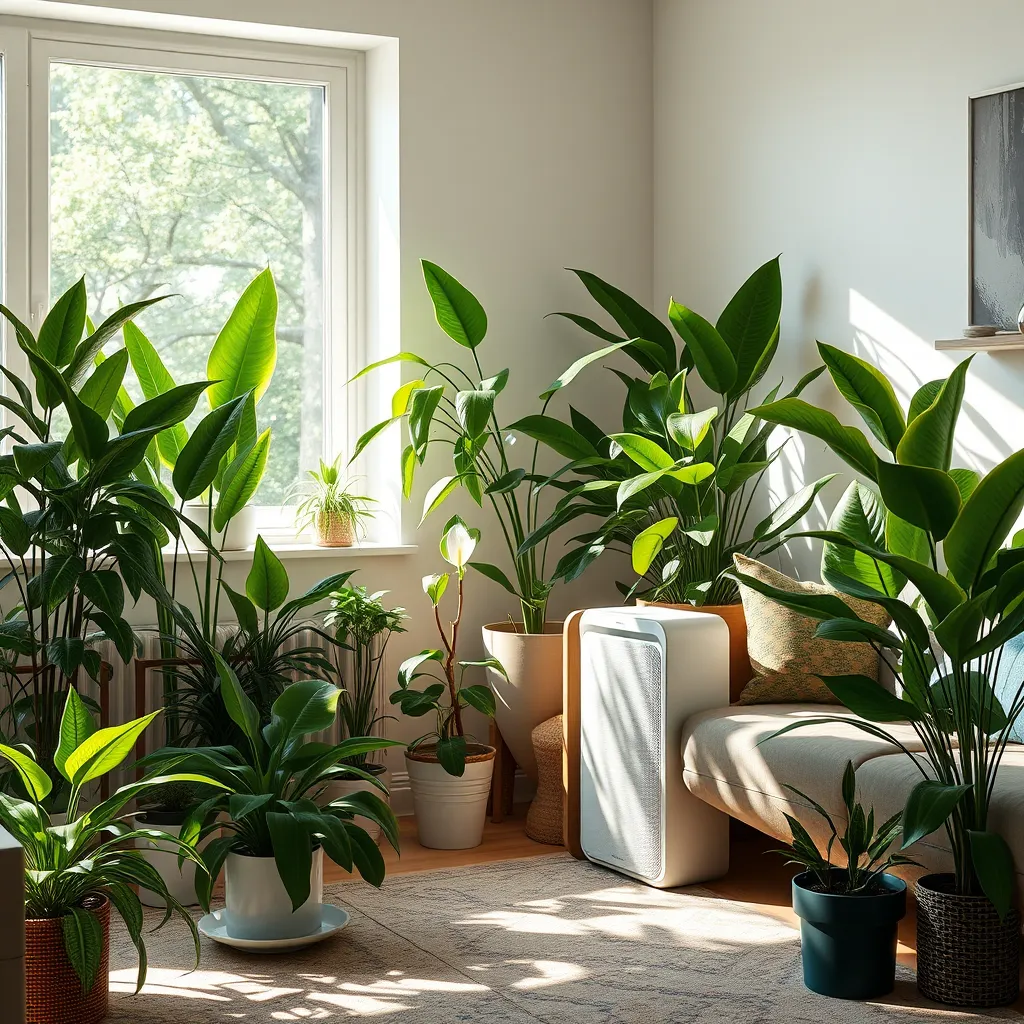 A cozy living room filled with various indoor plants, such as spider plants and peace lilies, positioned near a sleek air purifier. Sunlight streaming in enhances the green foliage, creating a serene environment with clear, breathable air.