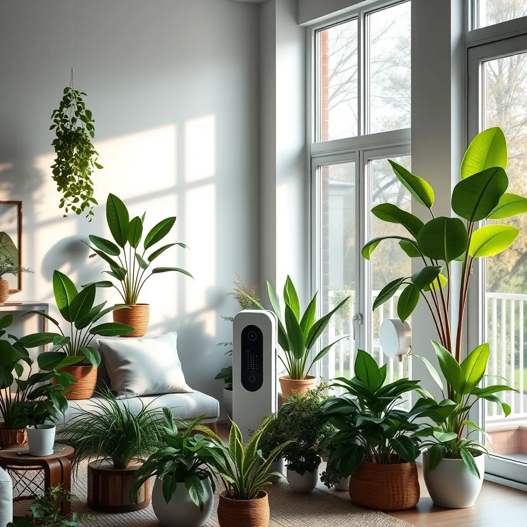 A cozy living room with various indoor plants prominently displayed, a stylish air purifier in the corner, and large windows for natural light and air flow. Capture a serene atmosphere that emphasizes fresh air and healthy living.