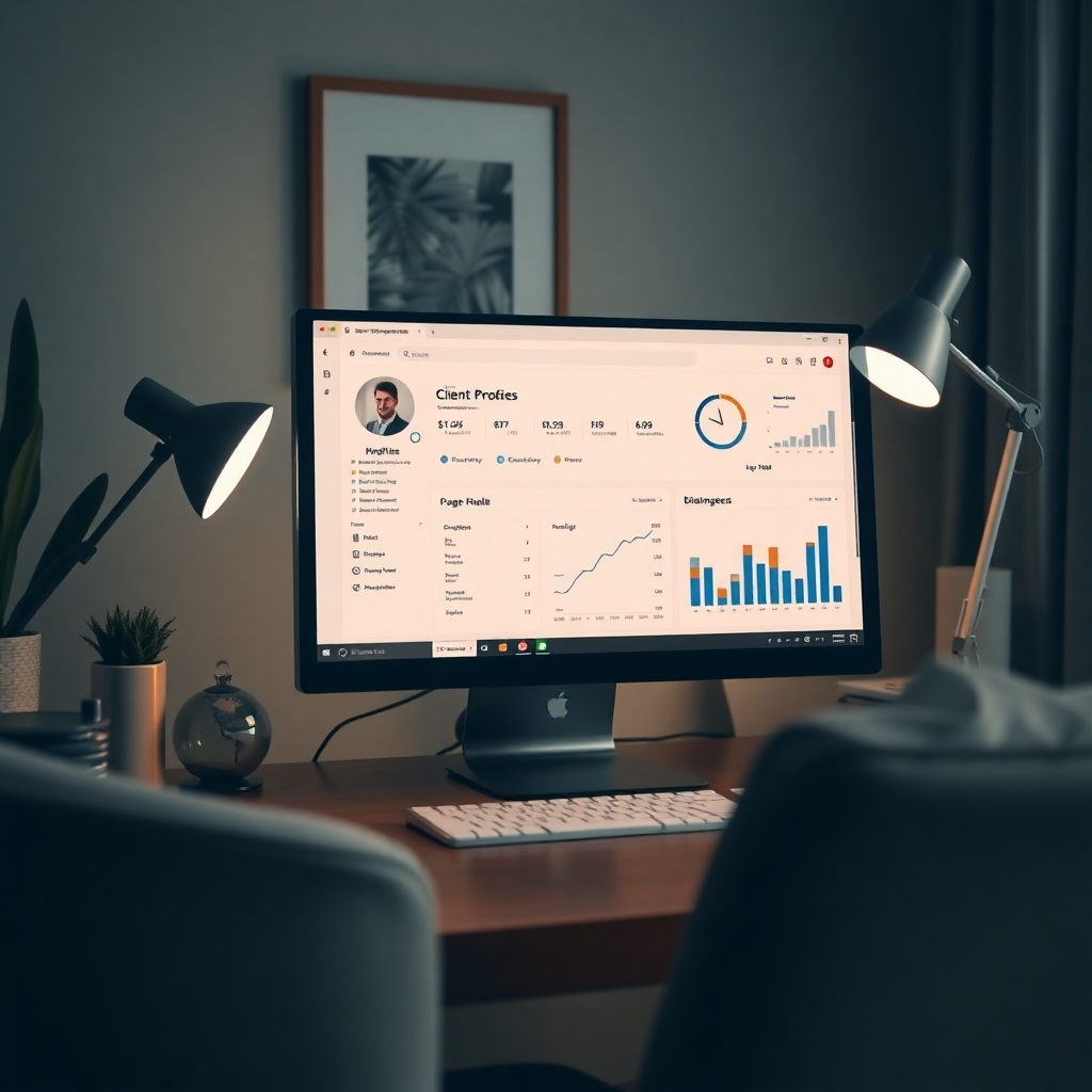 A desktop featured with a client profile being reviewed, displaying analytics and progress charts. The atmosphere is serene, with soft lighting and professional decor suggesting trust. Textures of a personalized workspace focused on efficiency enhance the narrative of effective client management.