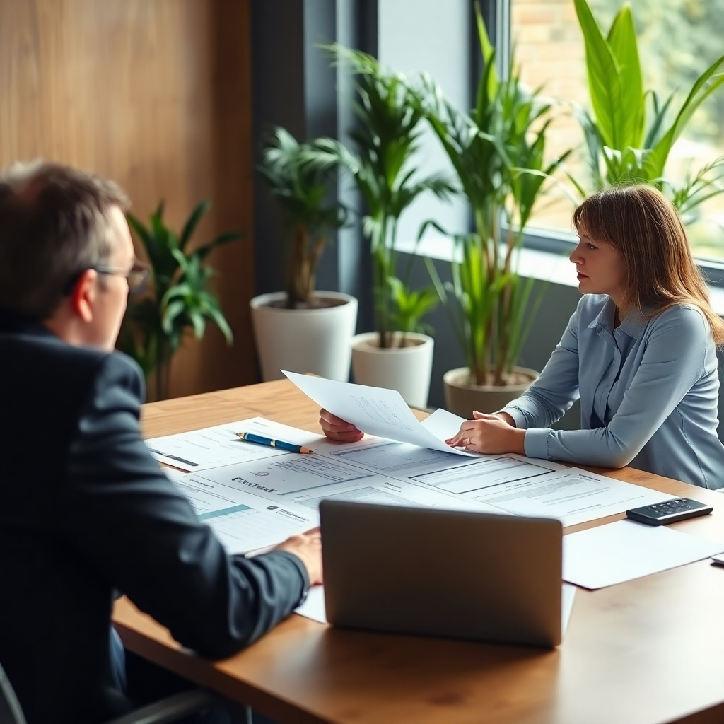 A detailed image of a business consultant discussing a strategic plan with a client over a large table covered in documents and a laptop. Soft, warm lighting creates an inviting atmosphere, with planted greenery in the background adding a touch of life to the setting.