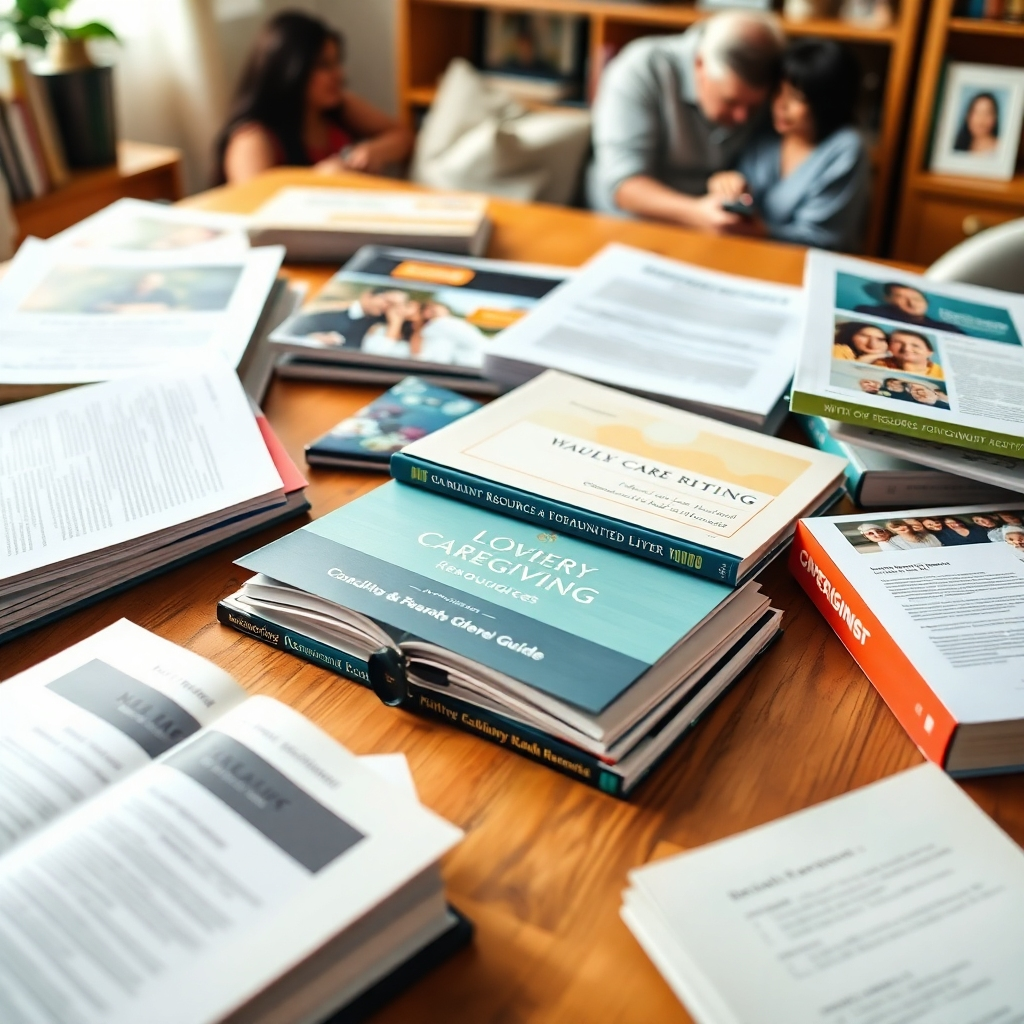 A detailed image showcasing a range of caregiving resources laid out on a table, such as books, workbooks, and guides. The lighting is warm and inviting, with a color palette that encourages focus and calm. The camera angle captures the diversity of resources, with textures highlighted in the books and materials. Background elements like personal touches (e.g. family photos) create a relatable atmosphere. Technical specs should emphasize high quality and clarity.