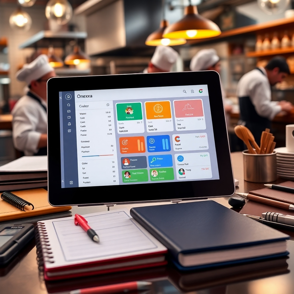 A detailed image showcasing the Onexxa restaurant management app on a tablet screen, surrounded by various restaurant tools like notebooks and order pads. The setting should reflect a busy restaurant environment, with chefs working in the background. Bright colors and a clear focus on the touchscreen interface should showcase its user-friendliness. The image should be hyperrealistic and in 8K resolution.