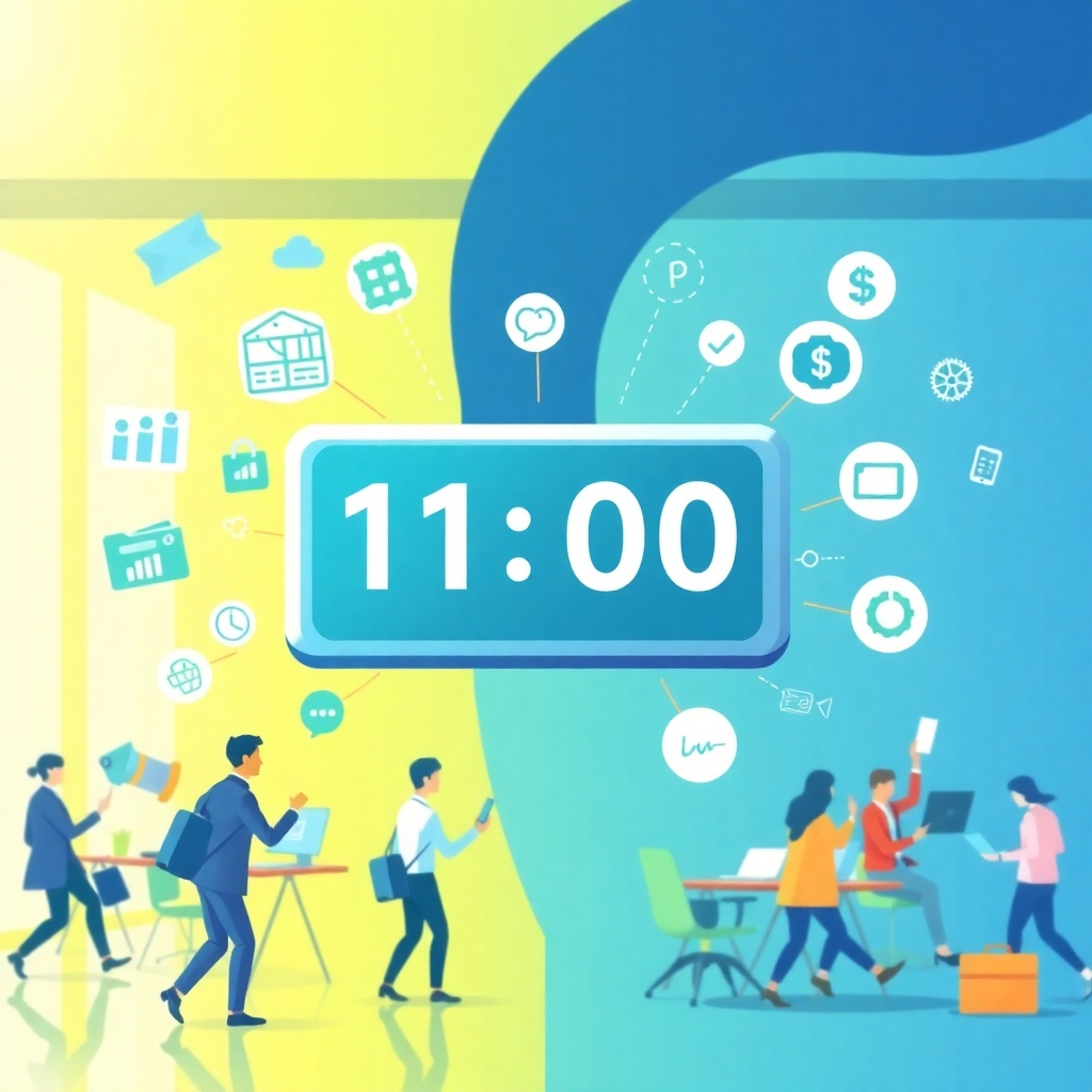 A dynamic depiction of the business launch process, featuring a countdown timer and various icons representing different business tools being utilized. The setting is a lively co-working space with entrepreneurs in action, emphasizing motion and excitement. The colors are vibrant, with a focus on blues and greens, symbolizing innovation.