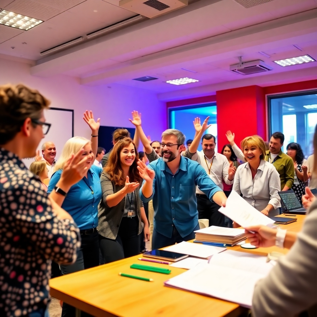 A dynamic image depicting a workshop in action, where participants are actively engaging in practical exercises related to pain management techniques. The environment is filled with energy and excitement, with instructional materials available. Bright and inspiring colors enhance the workshop's vitality. The camera angle captures the enthusiasm of the participants, emphasizing a collaborative spirit. The image should be high-quality, showing clear details and energy in 8K resolution.