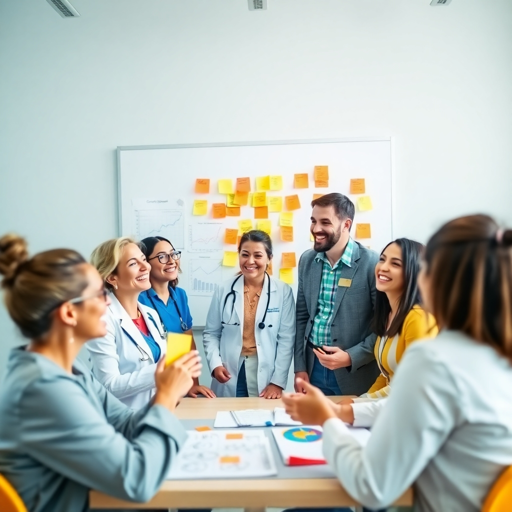 A dynamic image featuring a group of wellness professionals brainstorming different treatment strategies in a bright meeting room. They are surrounded by charts and post-it notes. The atmosphere is collaborative and energetic, filled with laughter and ideas. The use of bright colors and interactive props like whiteboards highlights creativity. The camera angle captures their enthusiasm and interaction. This image should be sharp and vibrant, rendered in 4K.